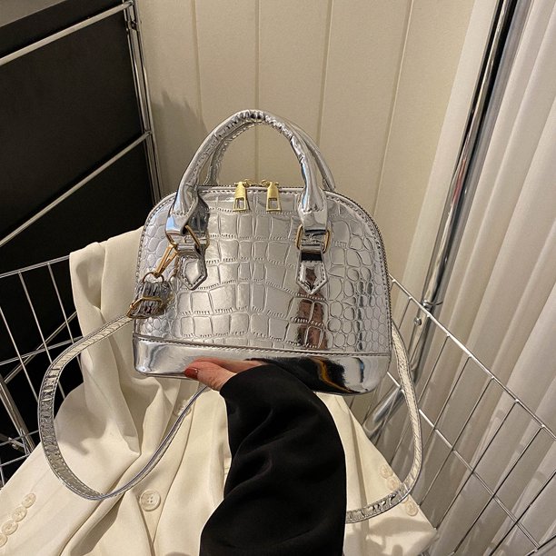 Bolso de hombro Mujer Cocodrilo Patrón Shell PU Cuero Tote Bag (Plata)