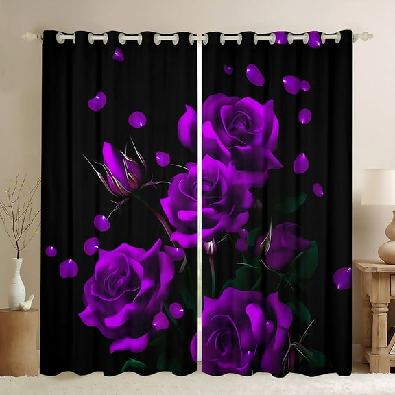 Manfei Romantic Purple Rose Curtains Pack of 2 (42x84 Each), Western Valentines Day Curtains Blackout, Teens Adult Men Women Bedroom Curtains, Window Curtains Bedroom Decor