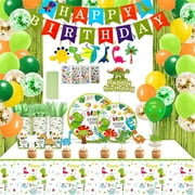 320 Pcs Dinosaur Birthday Decorations, Dinosaur Birthday Party Supplies - Disposable Dinnerware Set with 25 Guest, Balloons, Banner, Fringe Curtain, Cake Toppers, Hanging Swirls, Tablecloth