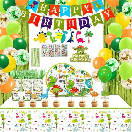 320 Pcs Dinosaur Birthday Decorations, Dinosaur Birthday Party Supplies - Disposable Dinnerware Set with 25 Guest, Balloons, Banner, Fringe Curtain, Cake Toppers, Hanging Swirls, Tablecloth