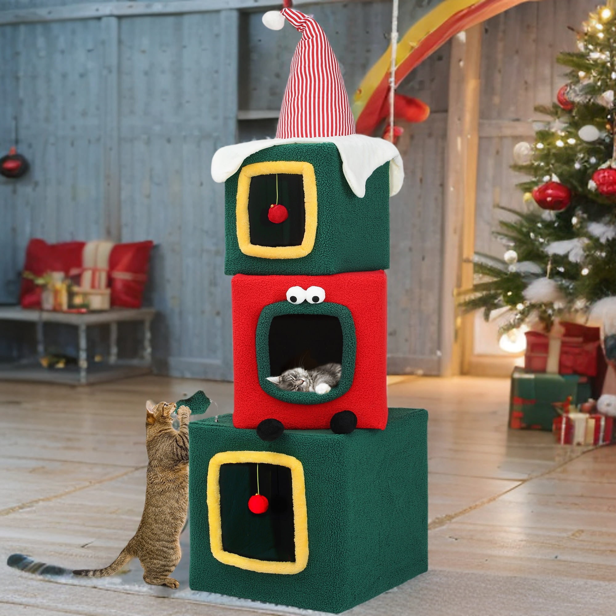 Dextrus 60 in Christmas Cat Tree with Cat House Cat Tower for Indoor Cats with Cat Condos,Kittens Play Activity Center,Cat Furniture with Plush Ball for Christmas Decoration