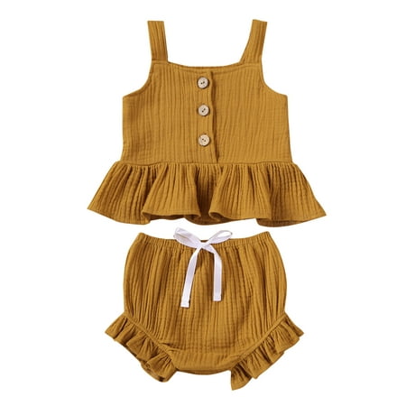 

Toddler Infant Kids Baby Girl Sleeveless Sling Ruffle Crop Top Harlan Wide Leg Shorts Outfits 2PCS