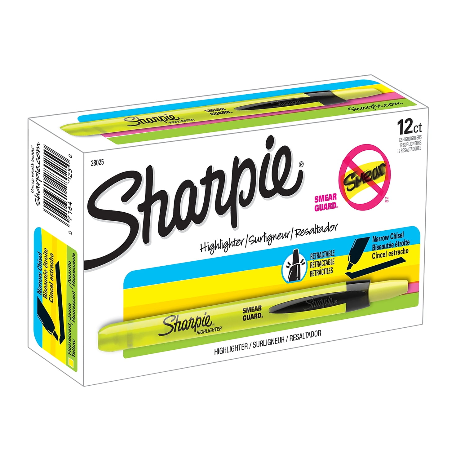 Sharpie Retractable Highlighter Chisel Tip Yellow Pack of 12 (SAN28025-12)