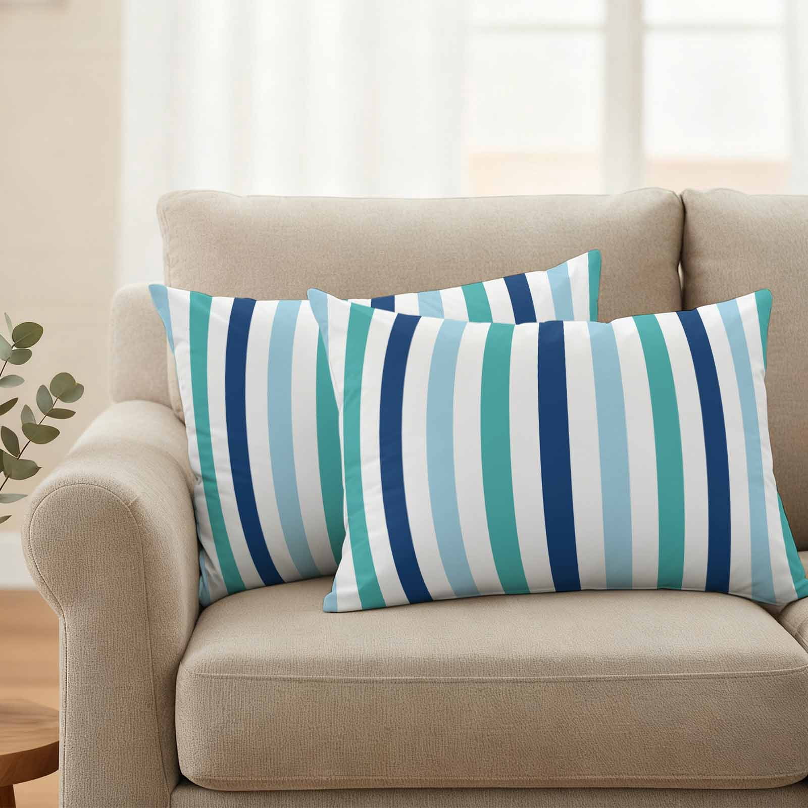 Teal Blue Stripe Outdoor Waterproof Pillow Covers, Ombre Geometric Green Vertical Striped Decorative Rectangle Throw Pillowcase Sofa Cushion Sham for Patio/Couch/Chair, 20"x12" 2 Pack