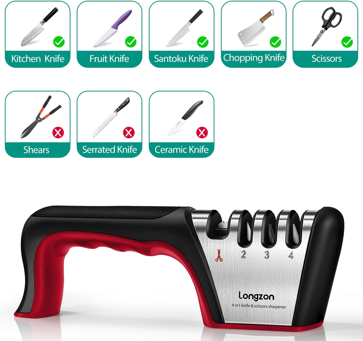 5-in-1 Knife Sharpener [4 Stage] with a Pair of Cut-Resistant Glove, Original Premium Polish Blades, Best Kitchen Knife Sharpener Really Works for Fruit and Steel Knives, Scissors-Black+Red