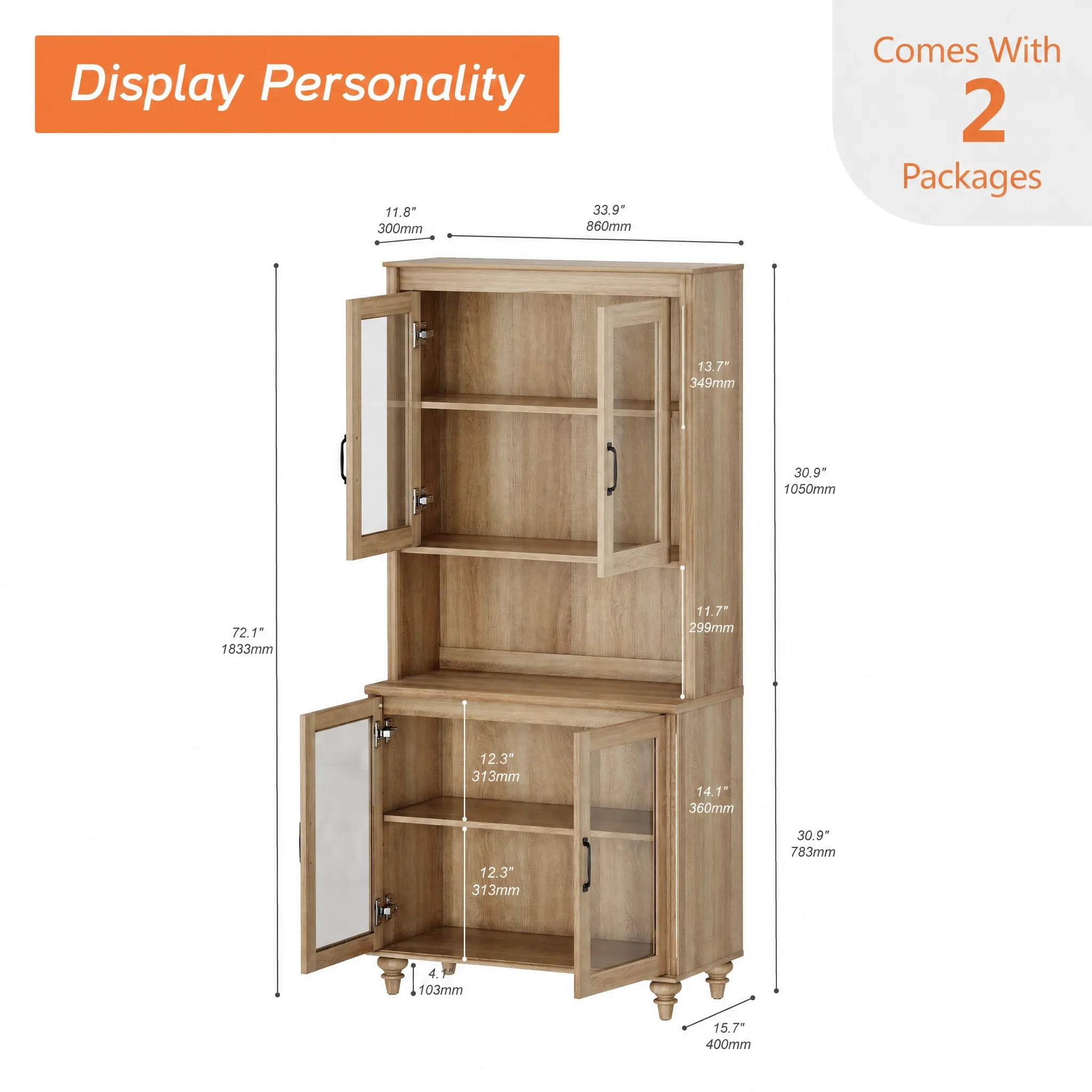Sideboard Buffet Cabinet with Storage, Morden Bookcase with Adjustable Shelf and Glass Doors, Farmhouse Wooden Bookshelves for Living Room, Office, Study Room, Kitchen, Oak, 72" H