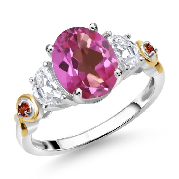 Gem Stone King 925 Silver and 10K Yellow Gold 3-Stone Ring Oval Pink Mystic Topaz and Moissanite (2.73 Cttw, Size 5)