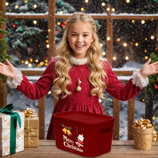 Caja de almacenamiento navideña roja para refrigerios navideños - Organizador de plástico versátil para cosméticos, juguetes y más - Tapa duradera y resistente a la suciedad - Perfecta para sala de