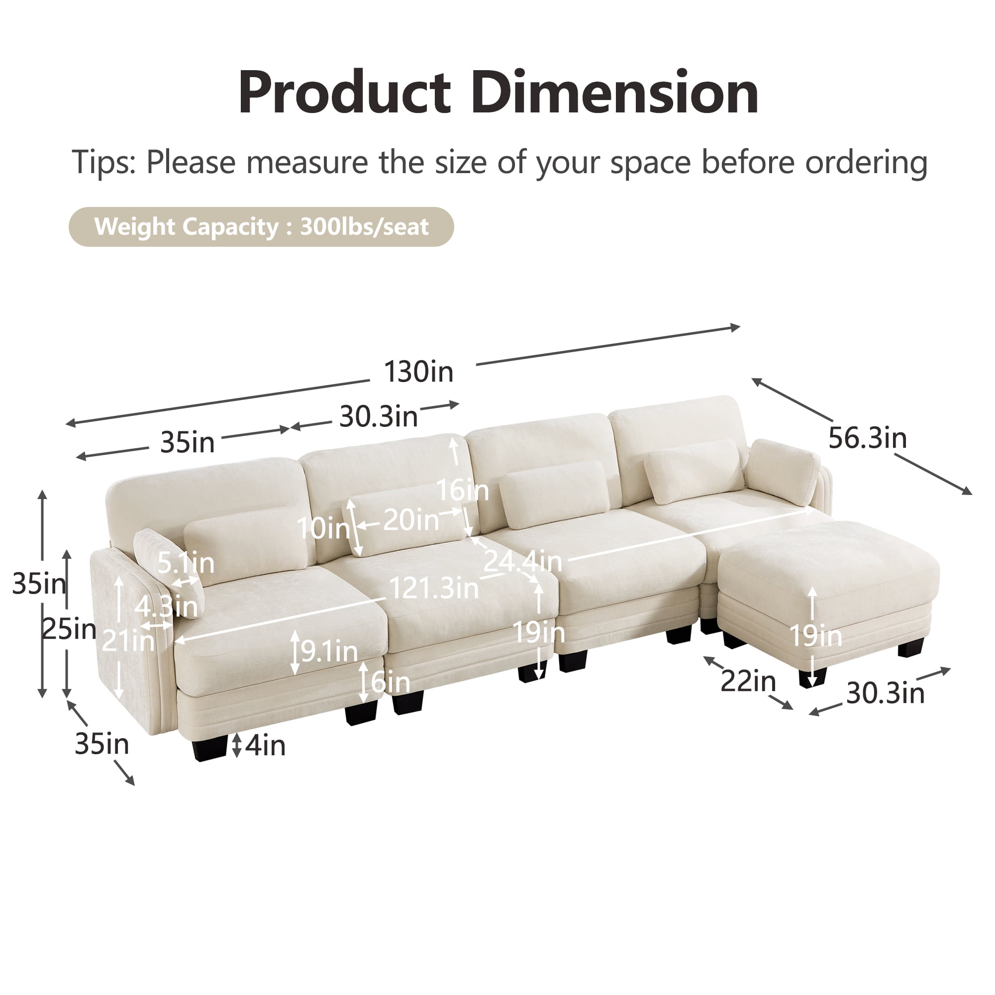 130" L Shape Modern Modular Sectional 4 Seater Sofa Couch with Movable Ottoman and 6 Pillows