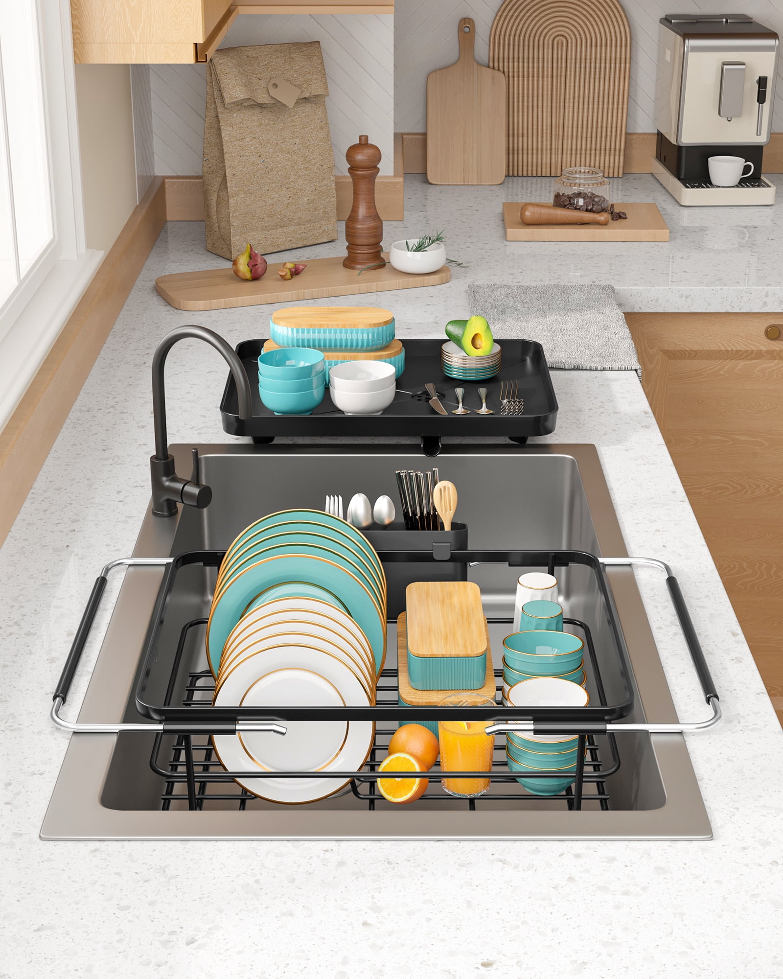 Sakugi Expandable Dish Drying Rack for Kitchen Counter, Stainless Steel Sink Organizer with Cutlery Holder, Space-Saving Dish Rack for Home and Apartment, 16" ~24"W x 12.6"D, Black
