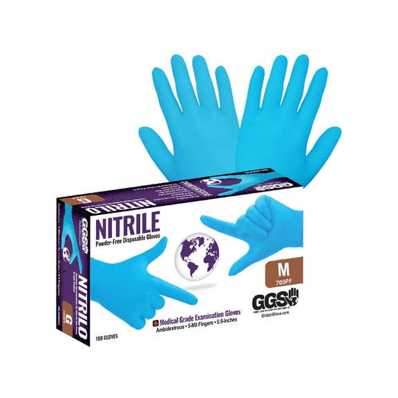 Nitrile, 705PF-M Powder-Free, Medical-Grade, Blue, 5-Mil, Textured Fingertips, 9.5-Inch Disposable Examination Gloves, 100/Box