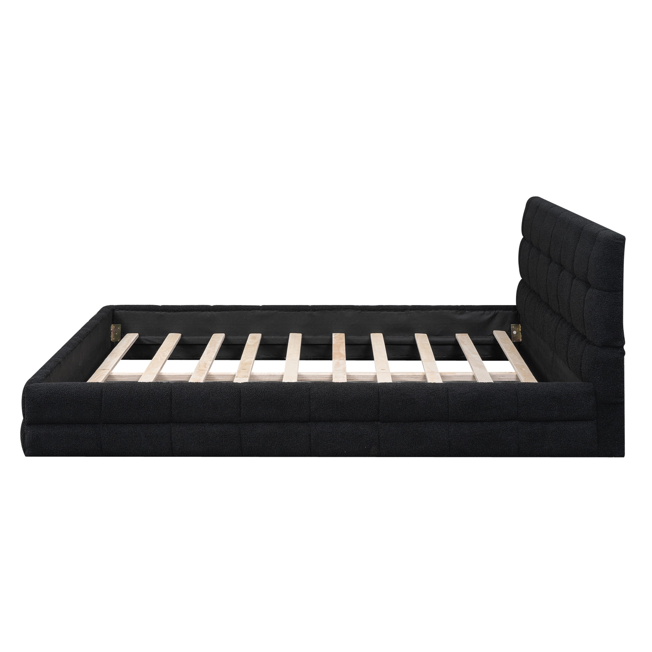 Noble House Queen Upholstered Platform Bed, Modern Velvet Headboard with Wood Slats Support, Bedroom Bed Frame, Black