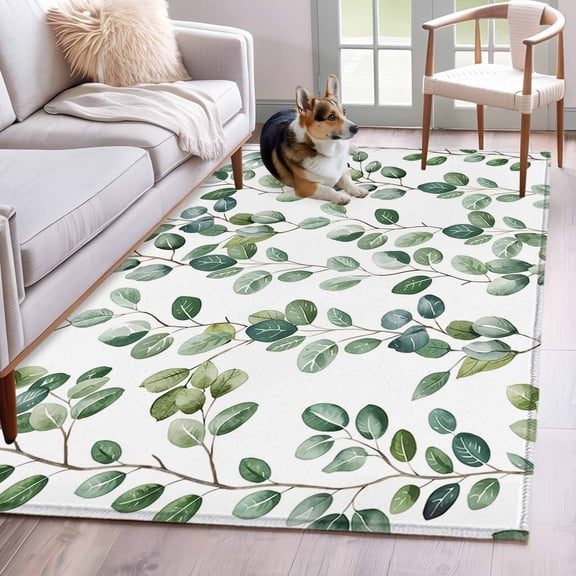 Eucalyptus Leaves Area Rugs 2.7'x5', Washable Small Throw Rugs for Kitchen Bedroom, Green Summer Botanical Watercolor Indoor Outdoor Rug Non-Slip Low Pile Carpet Runner Reversible Floor Mats