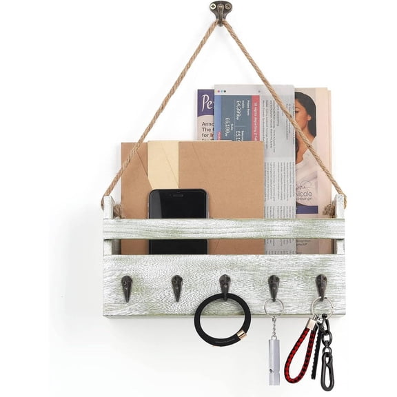 Key and Mail Holder Wall Mount, Farmhouse Mail Organizer with 5 Hooks, Rustic Wood Hanging Mail Key Organizer for Entryway Home Decor