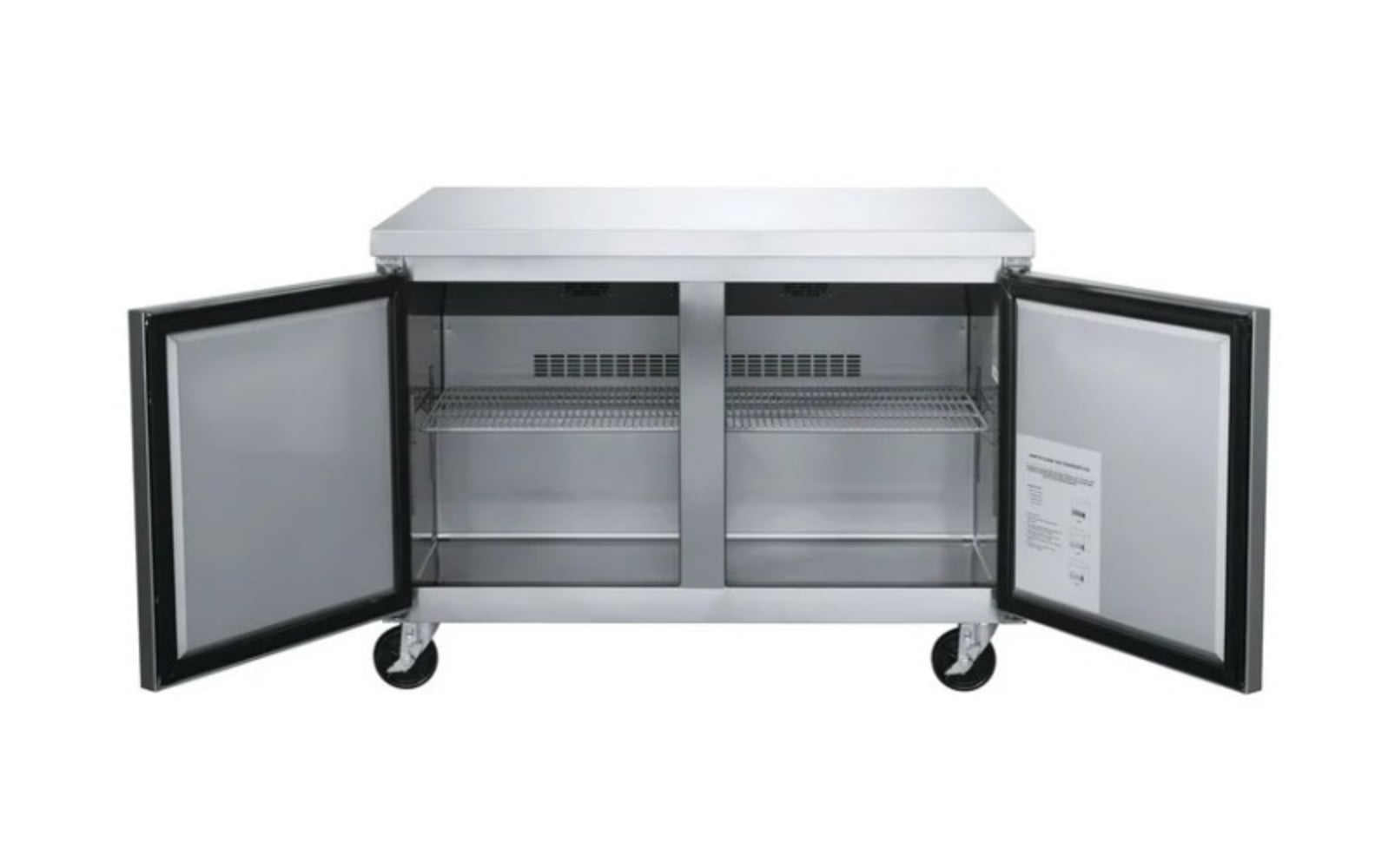 48 inch 13 cu.ft, 36 1/4" heigh Commercial Undercounter  refrigerator, 2 Solid Doors, stainless steel exterior, NSF certified.