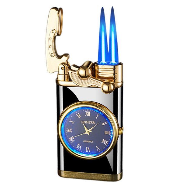 Luminous Watch Dial LED Rocker Lighter Refillable Butane Windproof Double Flame Lighter Mens Retro Stylish Accessory Gift