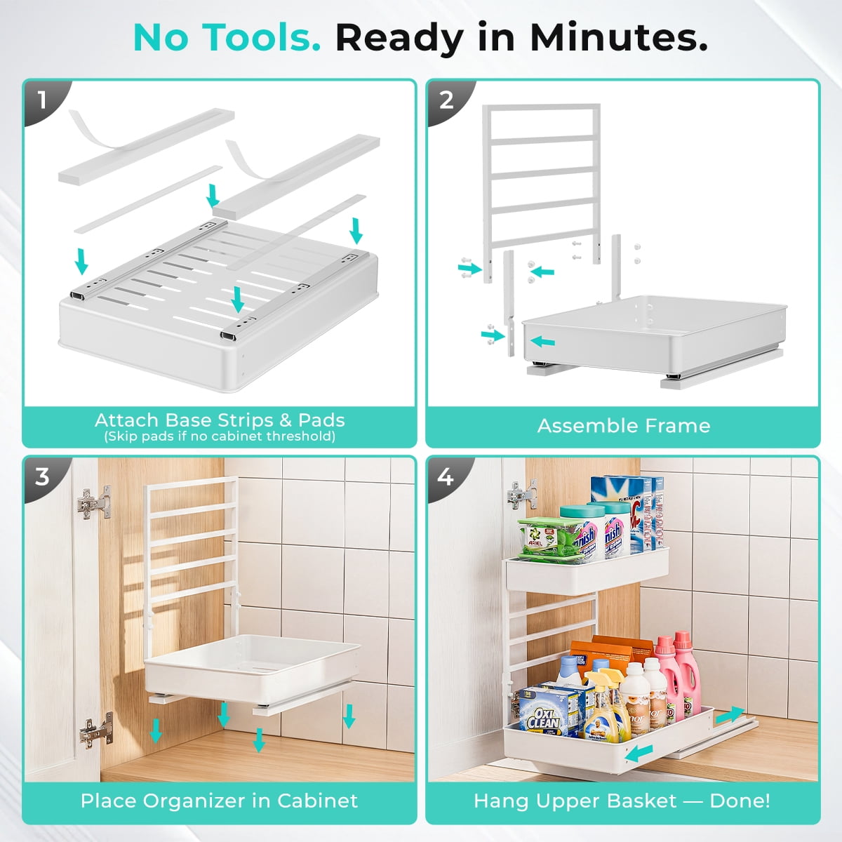 Everie Adjustable 2-Tier Pull Out Under Sink Organizer Big Capacity Heavy Duty Metal Slide Shelf for Kitchen Bathroom Cabinet(White 2-Pack)