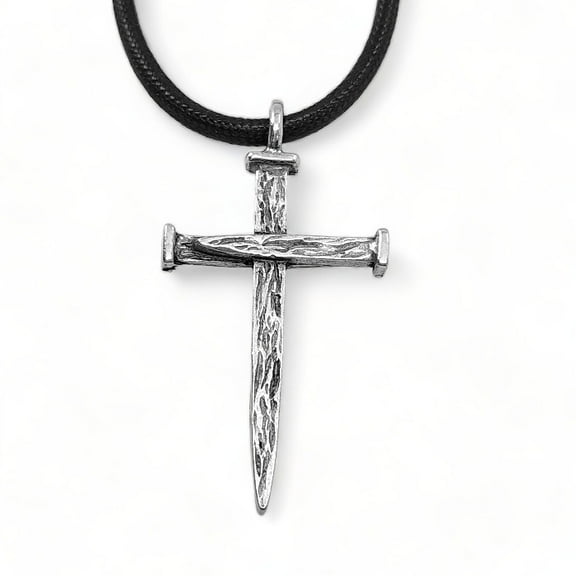 Nail Cross Large Rugged Antique Silver Finish Pendant Black Cord Necklace