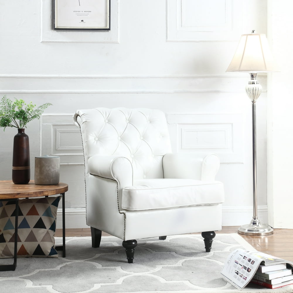 Tufted Scroll Arm Chesterfield Faux Leather Accent Chair, Living Room