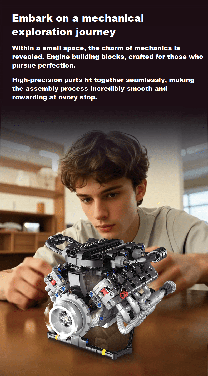 V8 Engine Building Blocks Sets, V8 Engine Model Kit That Runs, MOC Scale Model Kit with Battery and Motor, Build Your Own MOC Mini V8 Engine Model Toy, Construction Toys Gifts for Men Friends Couple