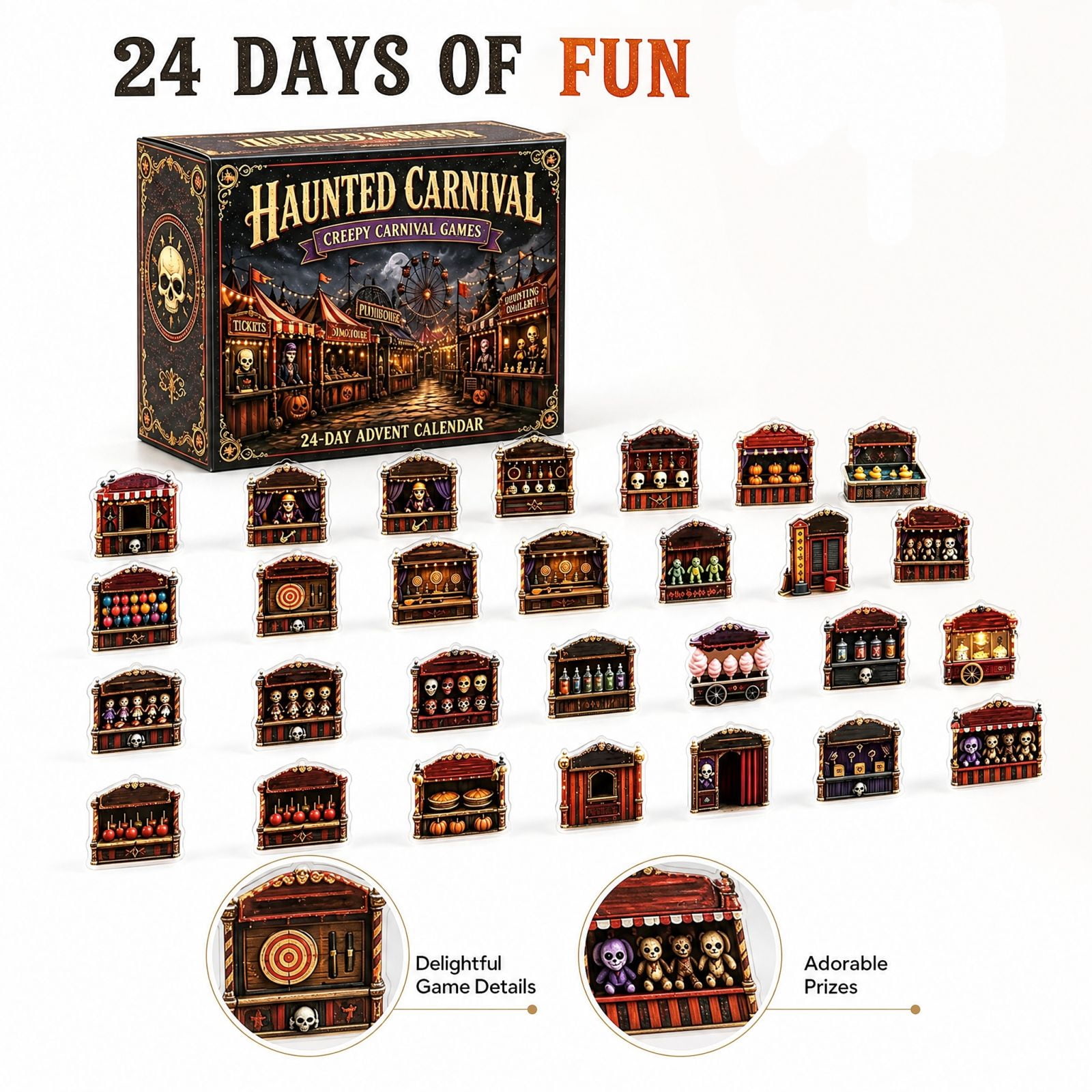 Haunted Carnival Halloween Advent Calendar 2026 with 24 Acrylic Creepy Game Booth Ornaments 24-Piece Set Spooky Carnival Design for Holiday Countdown Decoration