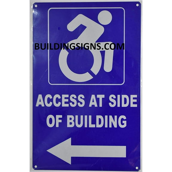 Access at Side of Building Left Arrow Sign (Aluminium Reflective,Rust Free, Blue 9X14)-The Pour Tous Blue LINE