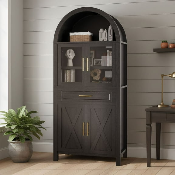 MINESTIA 71" Tall arched bookcase, Arched Kitchen Pantry Cabinet with Open & Shelves, Glass Door, Cupboard for Kitchens, Dining Room