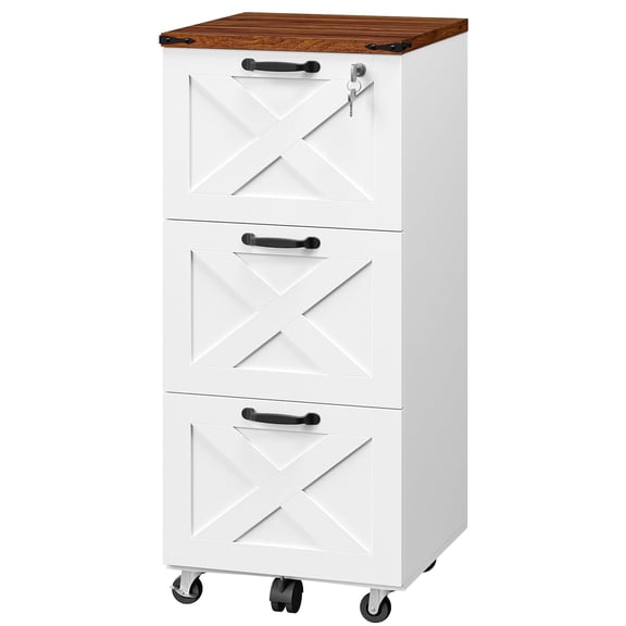 HOOBRO Farmhouse 3-Drawer Mobile File Cabinet with Lock & Printer Stand, White and Walnut