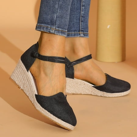 

XIAQUJ Women Ripple Linen Sandals Platform Wedge Sandals Fashion Versatile Braided Buckle Breathable Wedge Sandals Sandals for Women Black 6.5(37)