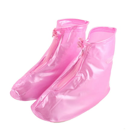 Unique Bargains Pair Outdoor Pink PVC Zippered Snow Water Resistant Rain Shoes Overshoes Boot