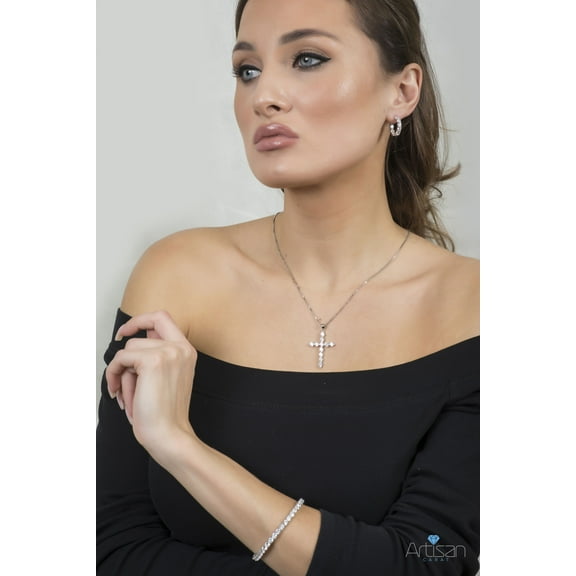 Sterling Silver Set Medium CZ Cross Pendant with Necklace Matching Round Huggies Earrings and Tennis Bracelet