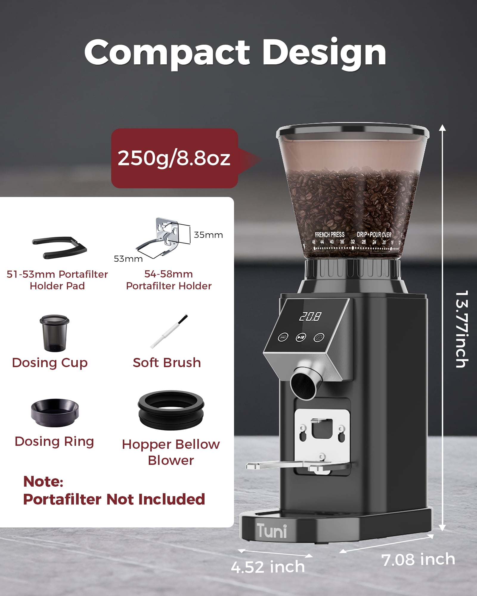 Tuni G1-N Conical Burr Coffee Grinder, 48 Grind Settings Anti-static Burr Mill, Precision Electronic Timer and LED Touchscreen for Espresso/Drip/Cold Brew/French Press, Stainless Steel, Black
