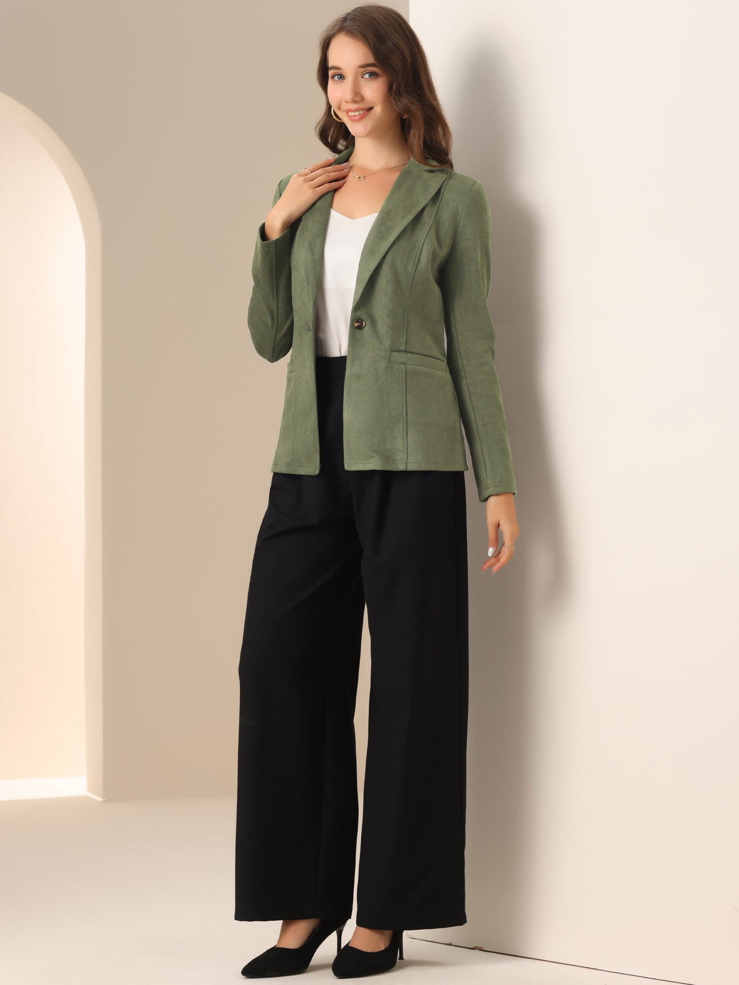 DARING DIVA Lapel Collar Long Sleeve Faux Suede Blazer S Army Green