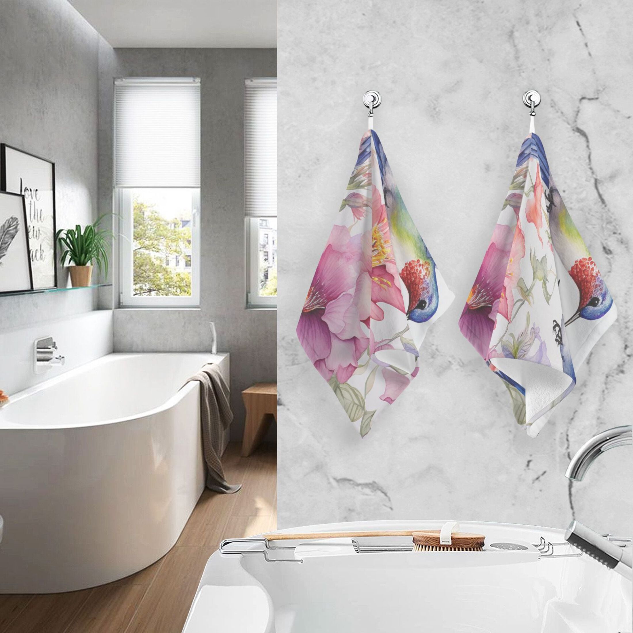 2 Pcs Hand Towel Set Couple Hummingbird with Flower Cotton Absorbent Soft Face Towels Bath Towels for Bathroom Kitchen Shower Hotel Decor 16"x28"