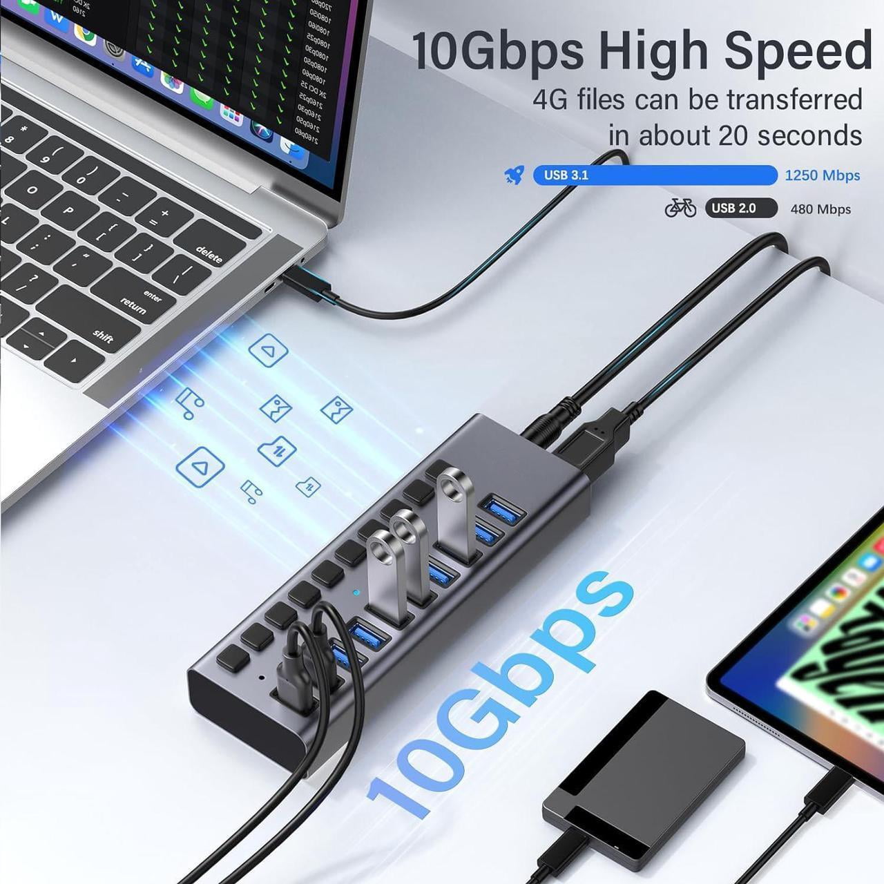 Powered USB Hub,10 Ports USB 3.1 Hub with 10Gbps Data Speed, Individual On/Off Switches, 12V4A 48W Power Adapter, USB Hub 3.1 Powered for MacBook, Mac Pro/Mini, Surface Pro Laptop/PC