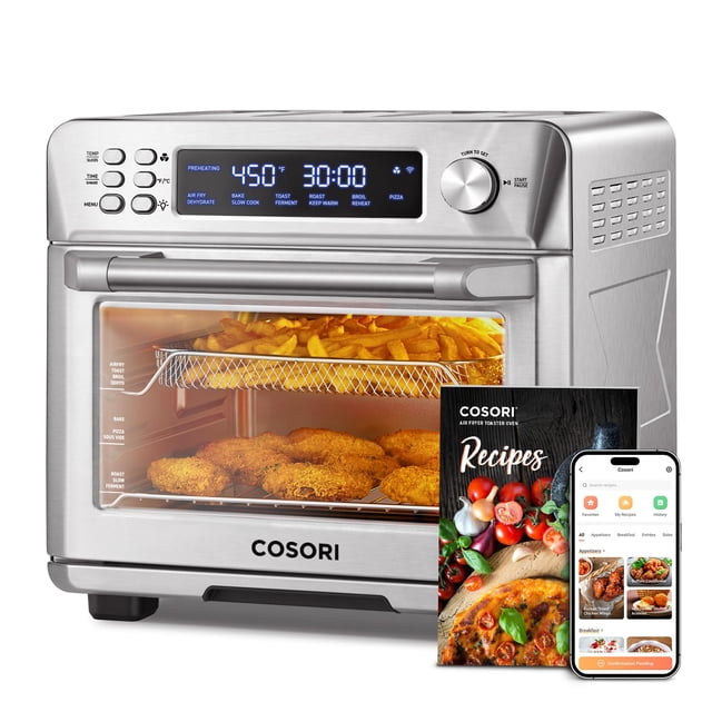 cosori smart 11 en 1 combo de horno tostador y freidora de aire, encimera de 26 cuartos en acero inoxidable, vista frontal 3/4 con puerta de vidrio; panel digital azul con perilla y botones, rejilla y cesta para freír con papas y piezas empanizadas visibles en el interior, libro de recetas impreso y pantalla de la app VeSync delante, adecuado para pizza de 12" o un pollo entero para comidas familiares.