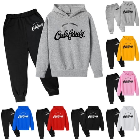 Krdevn Boys 2 Piece Fall Winter Outfit Surfing Always In California Cursive Print Hoodie and Matching Jogger Pants Sweatsuit Set 11-12 Years Dark Gray