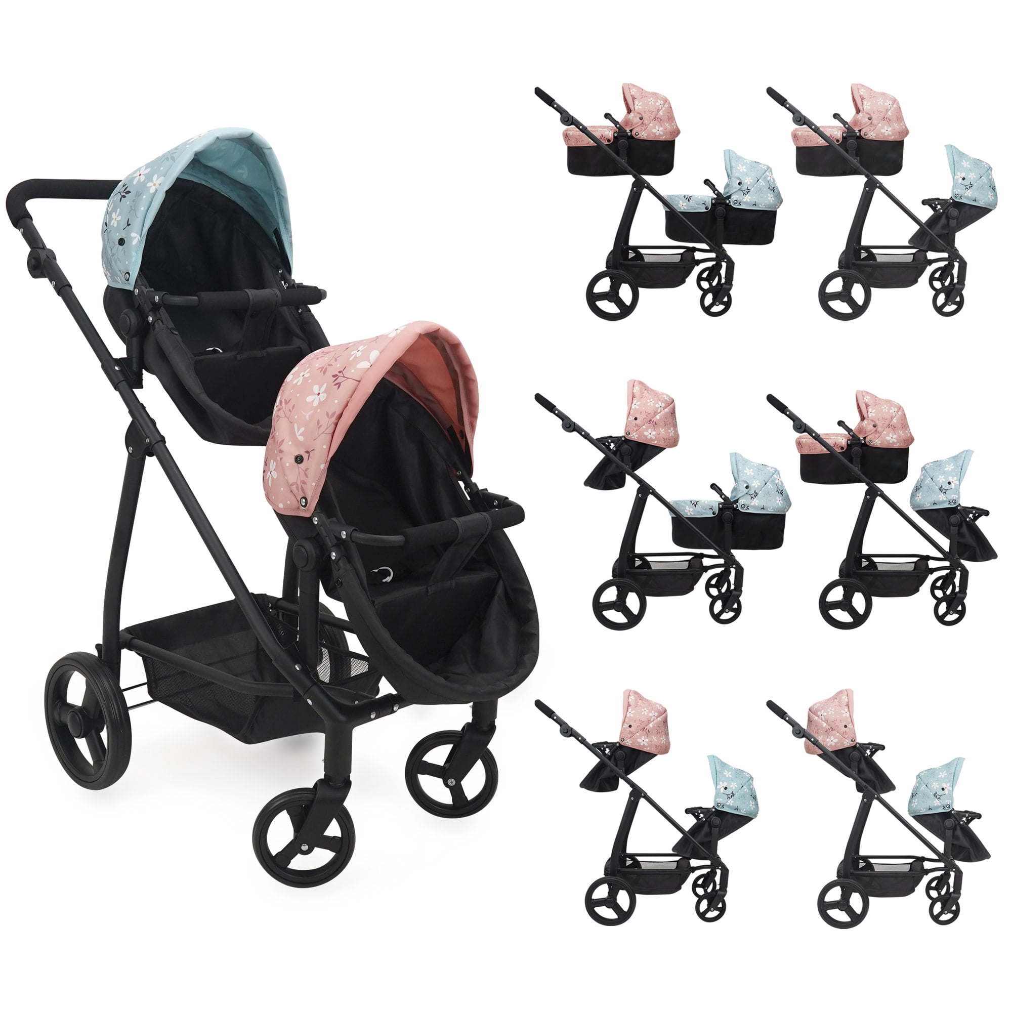 509 Crew: Springtime - Deluxe City Twin Doll Stroller - Black-Pink-Blue-Flowers, Converts To Jogger & Push Pram, Adjustable Doll Accessory Toy, Kid 3+