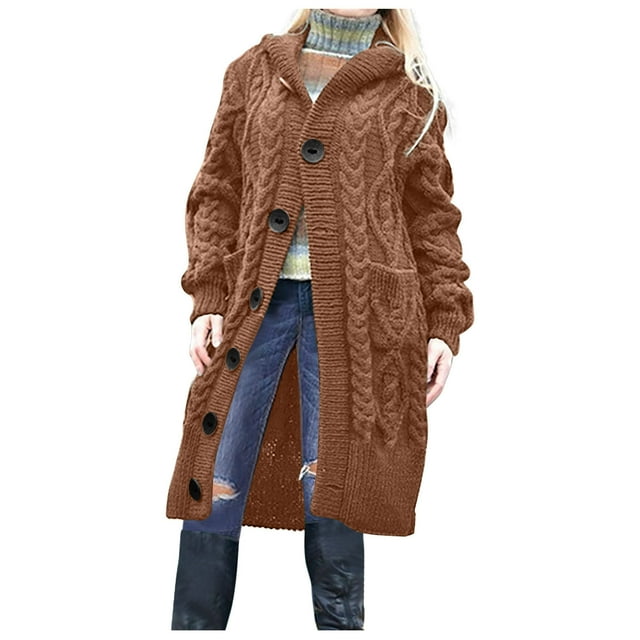 Yuyuzo Hooded Long Cardigan Sweater Long Sleeve Open Front Knitted Button Tops Fall Winter Solid Color Coats