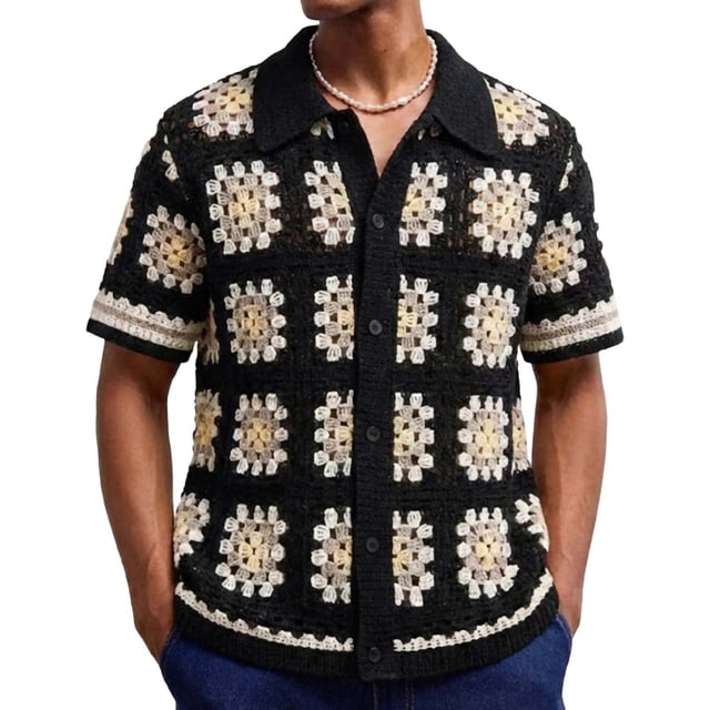 Cold Shoulder Tops for Men Imitation Knit Sweater Solid Color Short Sleeve Cardigan Summer