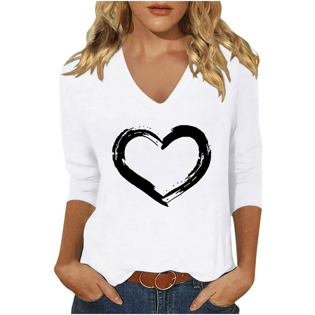 Timegard Haut Grande Taille pour Femmes Col en V T-Shirts Confortables Imprimé Saint-Valentin Manches 3/4 Décontracté
