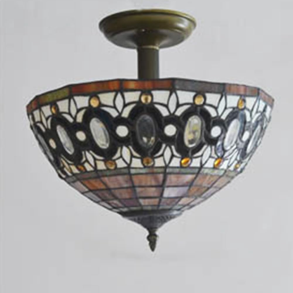 Kiven 13.8in Flush Mount Ceiling Light Fixture Dimmable, 3-Light Anti Glare Close to Ceiling Light with 15FT Plug-in Cord, Tiffany-Style Glass Chandelier for Bedroom Kitchen Hallway(No.3205)