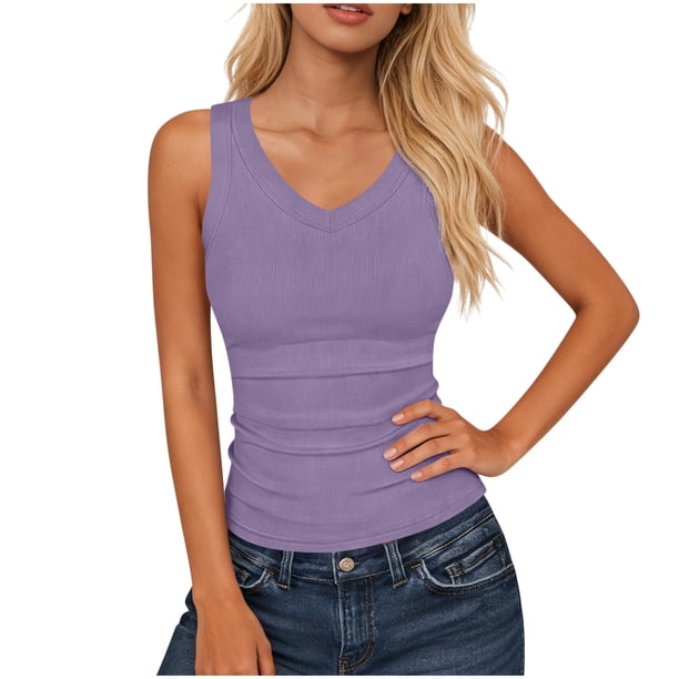 Mujeres Blusas de Verano sin Mangas Cuello en V Cuello Sólido Camiseta con Cojín de Pecho, Ligera Blusa Casual