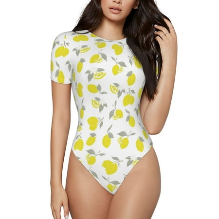 Gaeub Yellow Lemon Leaves Print Women s Short Sleeve One Piece Swimsuit Sexy High-Waisted Bodysuit Bathing Suit for Swimming  Beach  Sports-Large