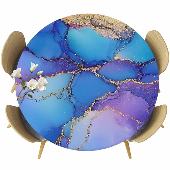 Abstract Ombre Blue Purple Marble Round Fitted Table Cover Modern Art Waterproof Table Cloth with Elastic Edge Wipeable Tablecloth for Picnic Camping Party Fits 36"-44" Diameter