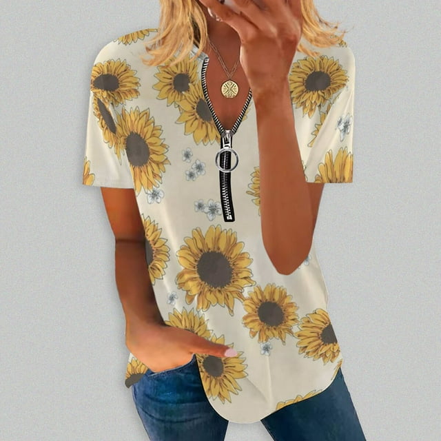 Hauts d'Été Grande Taille à Manches Courtes pour Femmes Mode Décontractée Confortable Col en V Zip Imprimé Blouse à Manches Courtes Col en V T-Shirt Femmes en Solde
