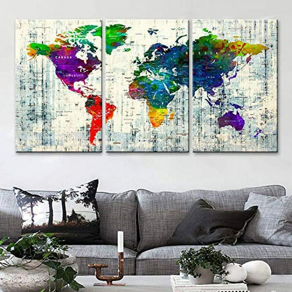 Original by BoxColors LARGE 30"x 60" 3 panels 30x20 Ea Art Canvas Print Watercolor Multi Color Map World Push Pin Travel Wall home office decor (framed 1.5" depth) M1814