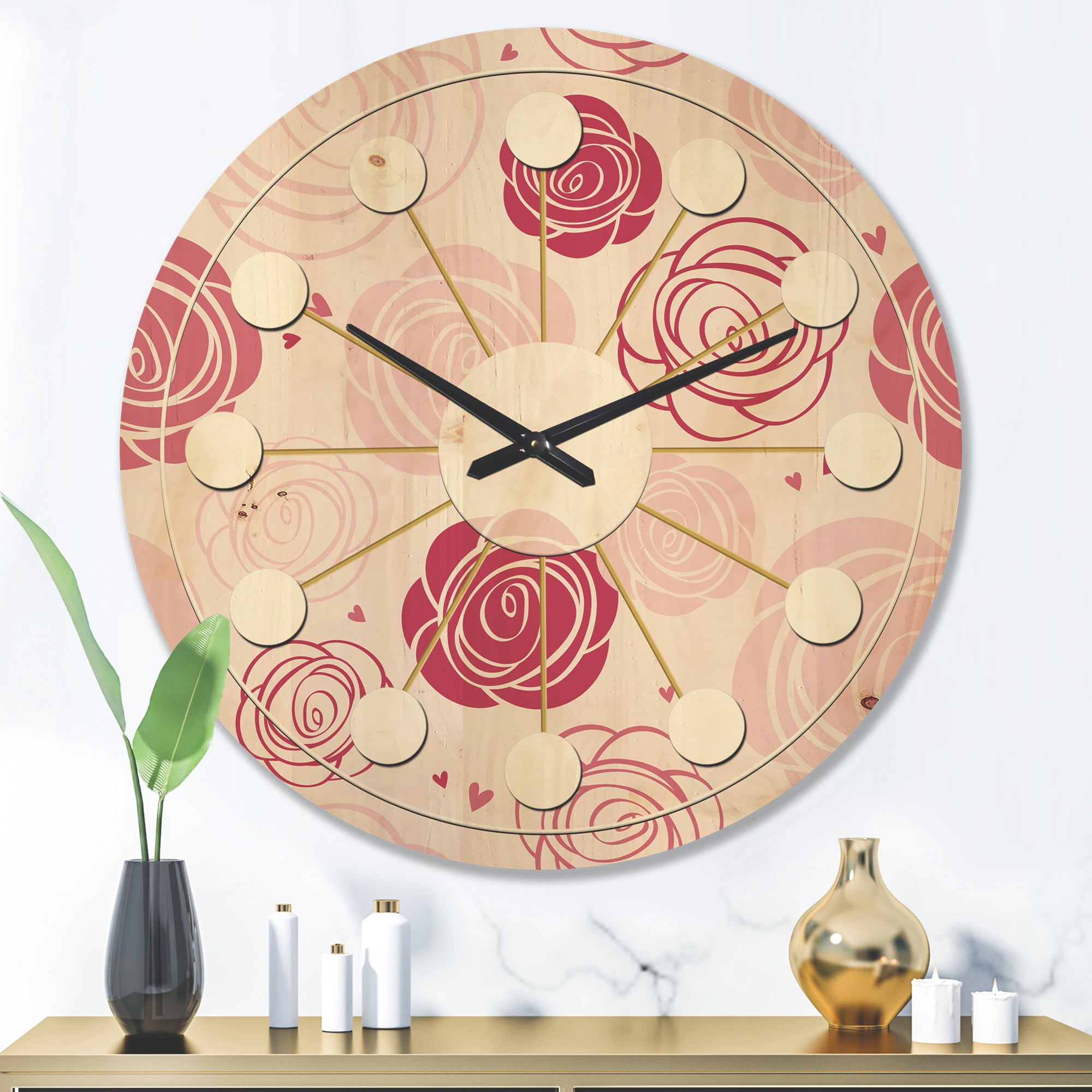 Designart 'Roses Retro Pattern' Mid-Century Modern Wood Wall Clock