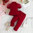 thumbnail image 5 of Huowey Girls Jumpsuits Two Piece Stylish Clothing Sets Short Mesh Puff Sleeve Notched Collar Cute Bow Belt Button Jacket Tops And Wide Leg Trousers Fashionable Cozy Suits,Red,3-4 Years, 5 of 5