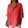 thumbnail image 2 of ZenCart Women Shirt V-Neck Button Decor 3/4 Sleeve Loose Fit Shirt Tops Solid Color Breathable Casual Tops Daily Wear, 2 of 8